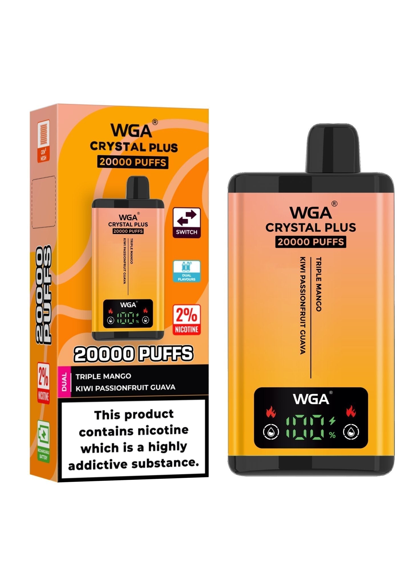 Zero Nicotine WGA Crystal Plus 20000 Disposable Vape - Box of 10 - Triple Mango/Kiwi Passion Fruit Guava - vapeukwholesale