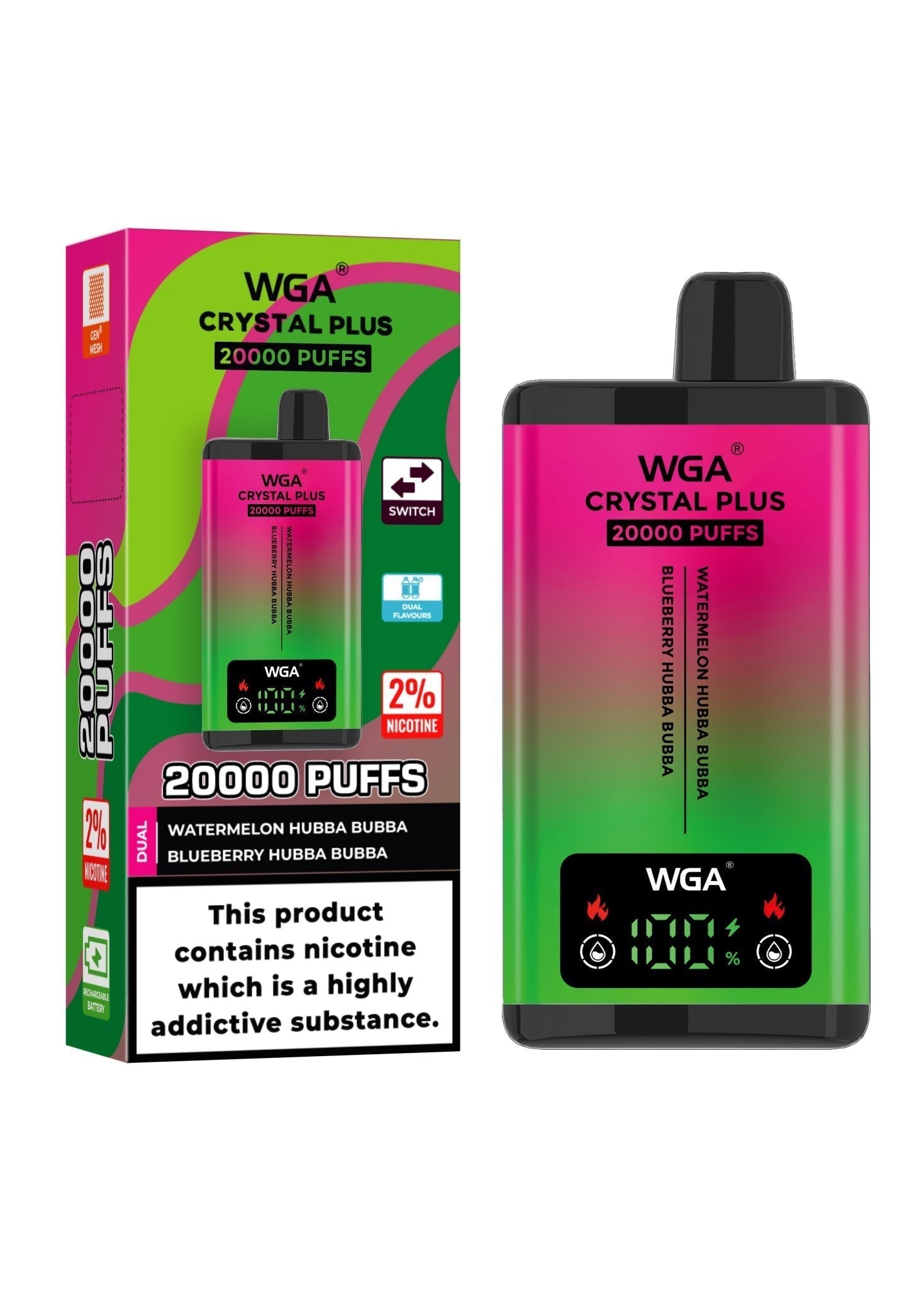 Zero Nicotine WGA Crystal Plus 20000 Disposable Vape - Box of 10 - Watermelon Hubba Bubba/Blueberry Hubba Bubba - vapeukwholesale